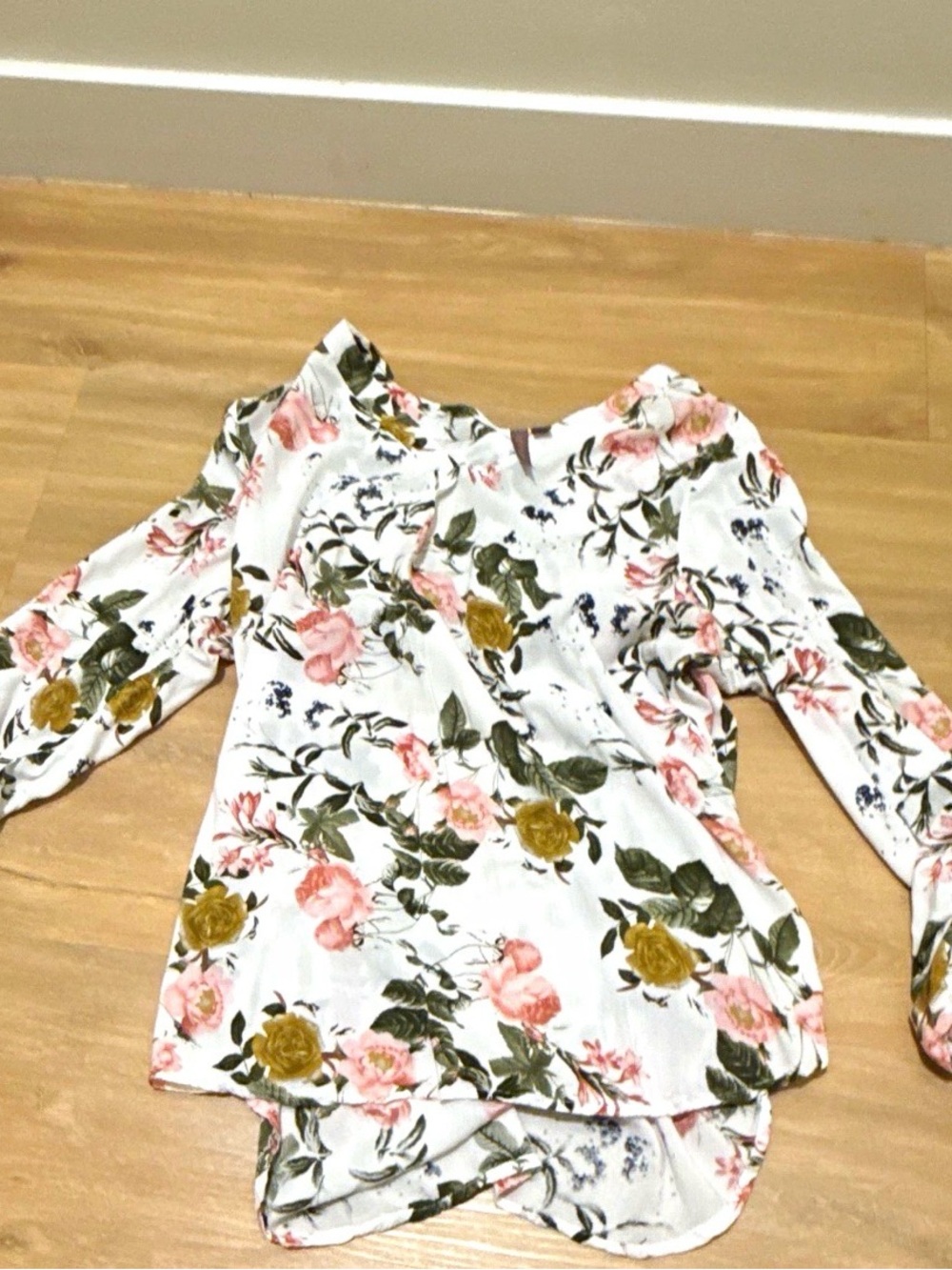 Women's Floral V-Neck Blouse in White with Pink & Olive